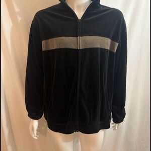 Black Velour Zip-Up Jacket with Gray Stripe
